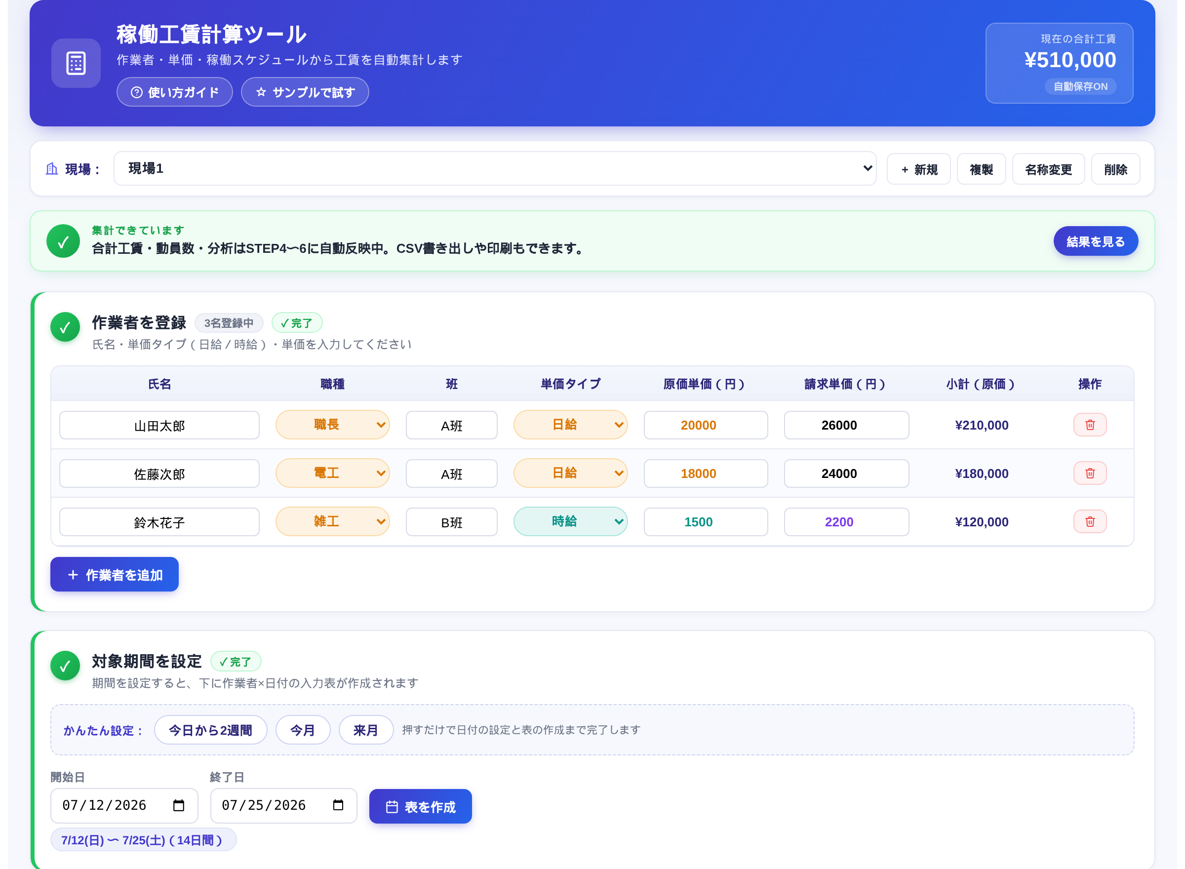 作業者の登録と合計工賃