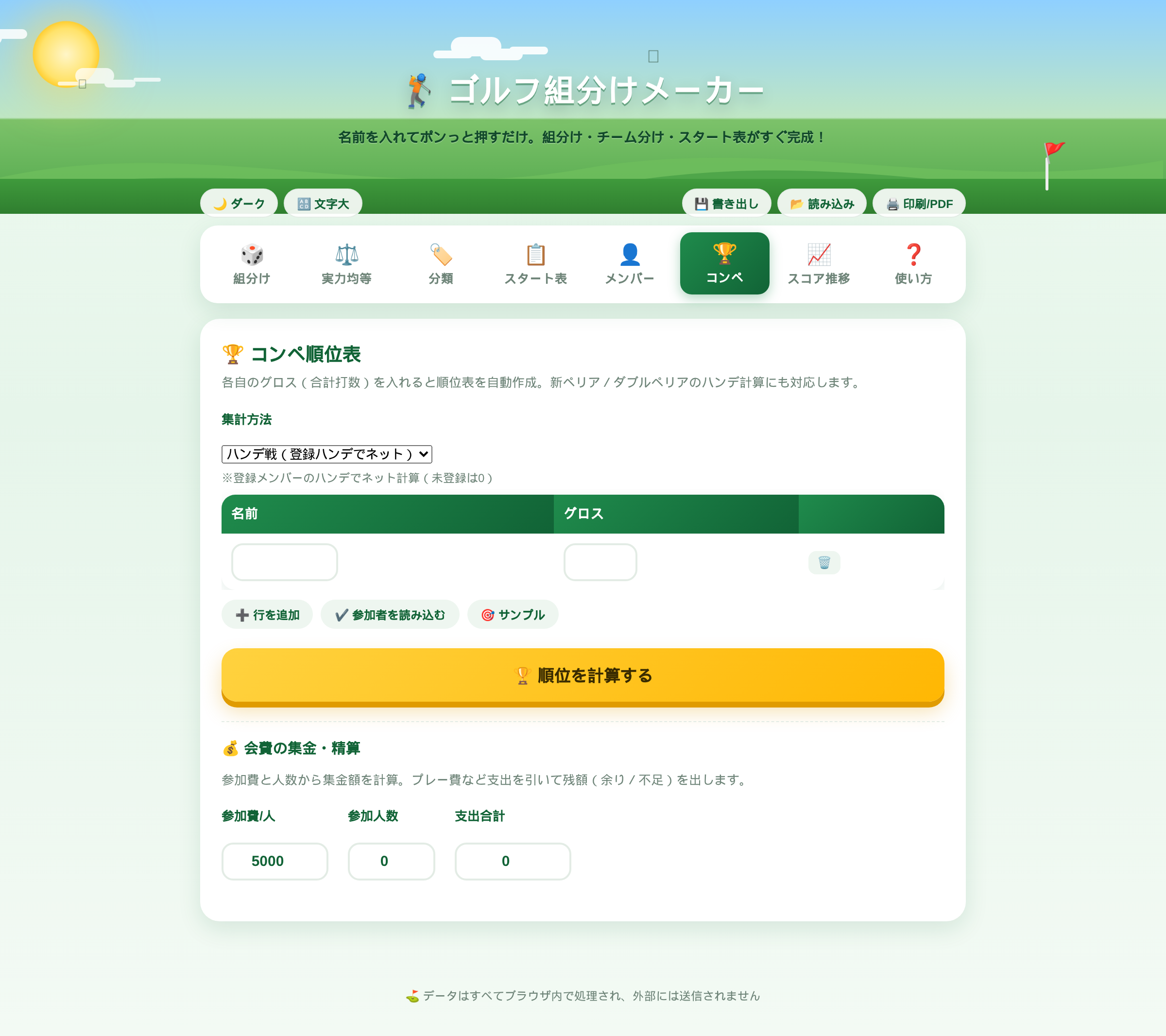 コンペ順位表と会費精算