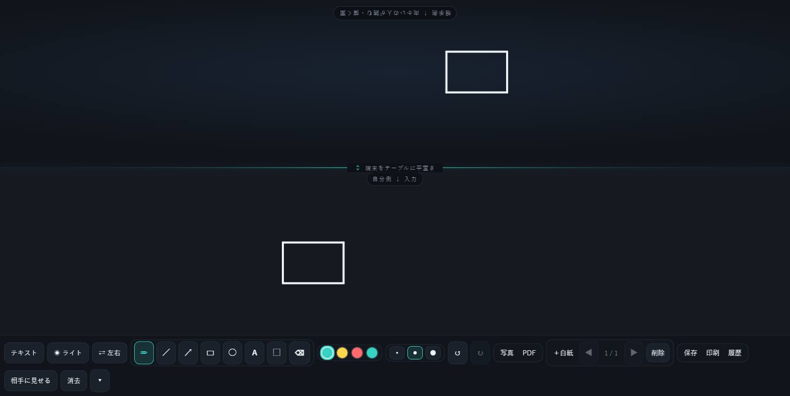 自分側に描いた図形が、相手側では180°反転して表示される