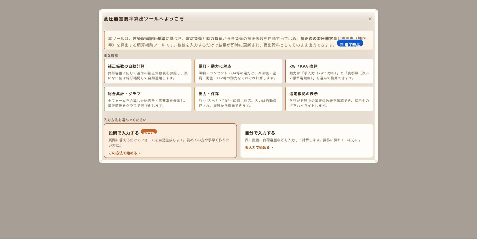 起動画面。「設問で入力する」「自分で入力する」から入力方法を選択