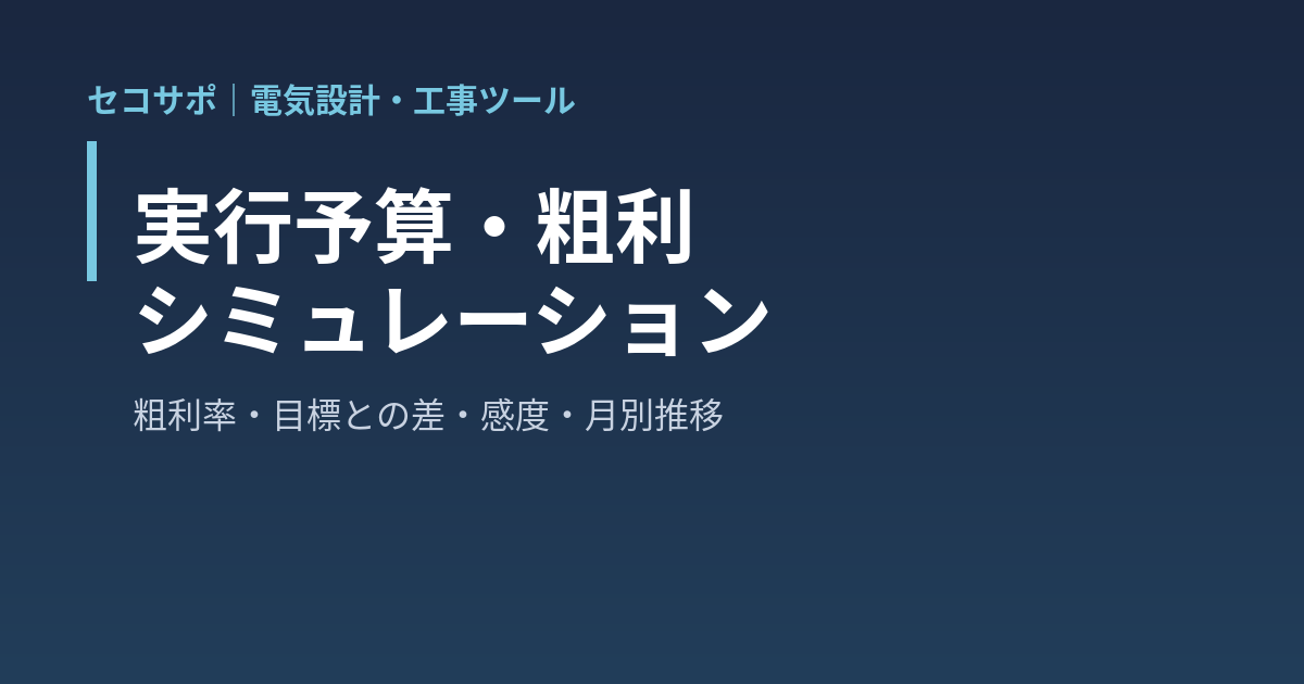 実行予算・粗利シミュレーション｜工種別の売上と材料 労務 外注 経費の予算原価から粗利額・粗利率・一般管理費配賦後の利益・目標粗利に足りない額を即計算、材料 労務が上がったときの感度と損益分岐、月別の出来高推移、A4 実行予算書