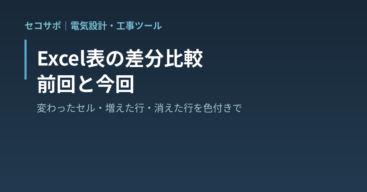 Excel表の差分比較（前回と今回）｜名簿・見積・工程表の変わったセル・増えた行・消えた行を色付きで一覧・AにあってBにない突合も