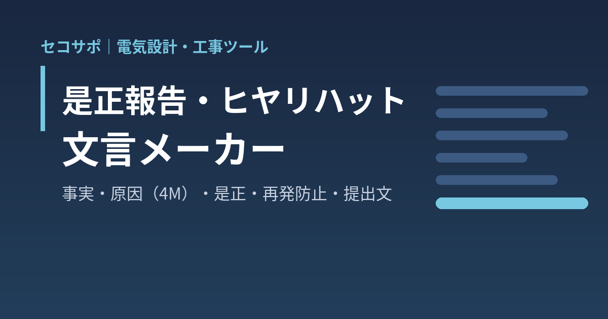 是正報告・ヒヤリハット 文言メーカー｜パトロールの指摘やヒヤリハットの内容を選ぶだけで、事実の記述・原因（直接原因と 4M）・是正処置・再発防止策・水平展開・効果確認・元請への提出文を作成、A4 是正報告書／ヒヤリハット報告書・是正管理簿の1行